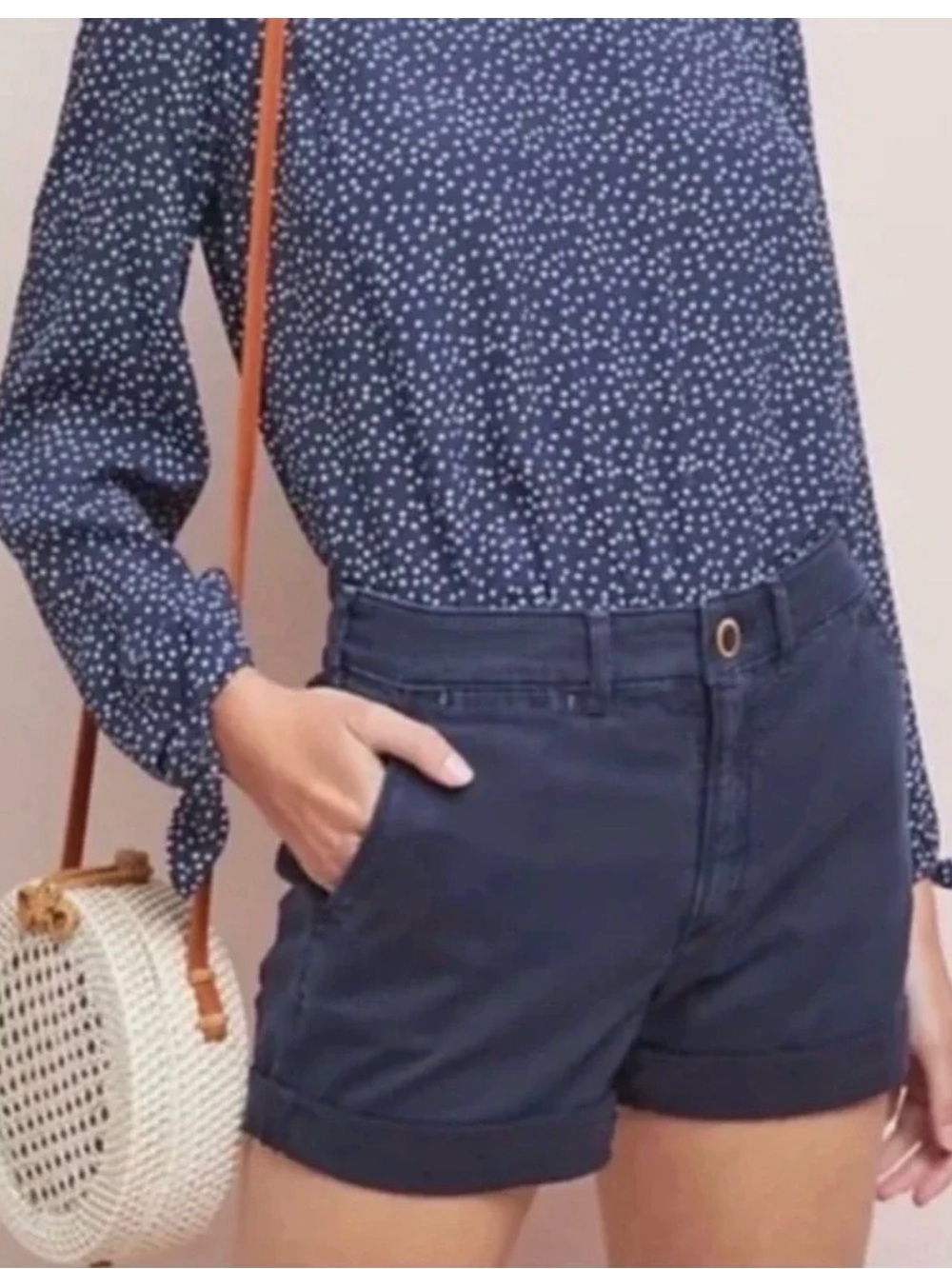 Pilcro and the Letterpress Hyphen Navy Rolled-Hem Shorts